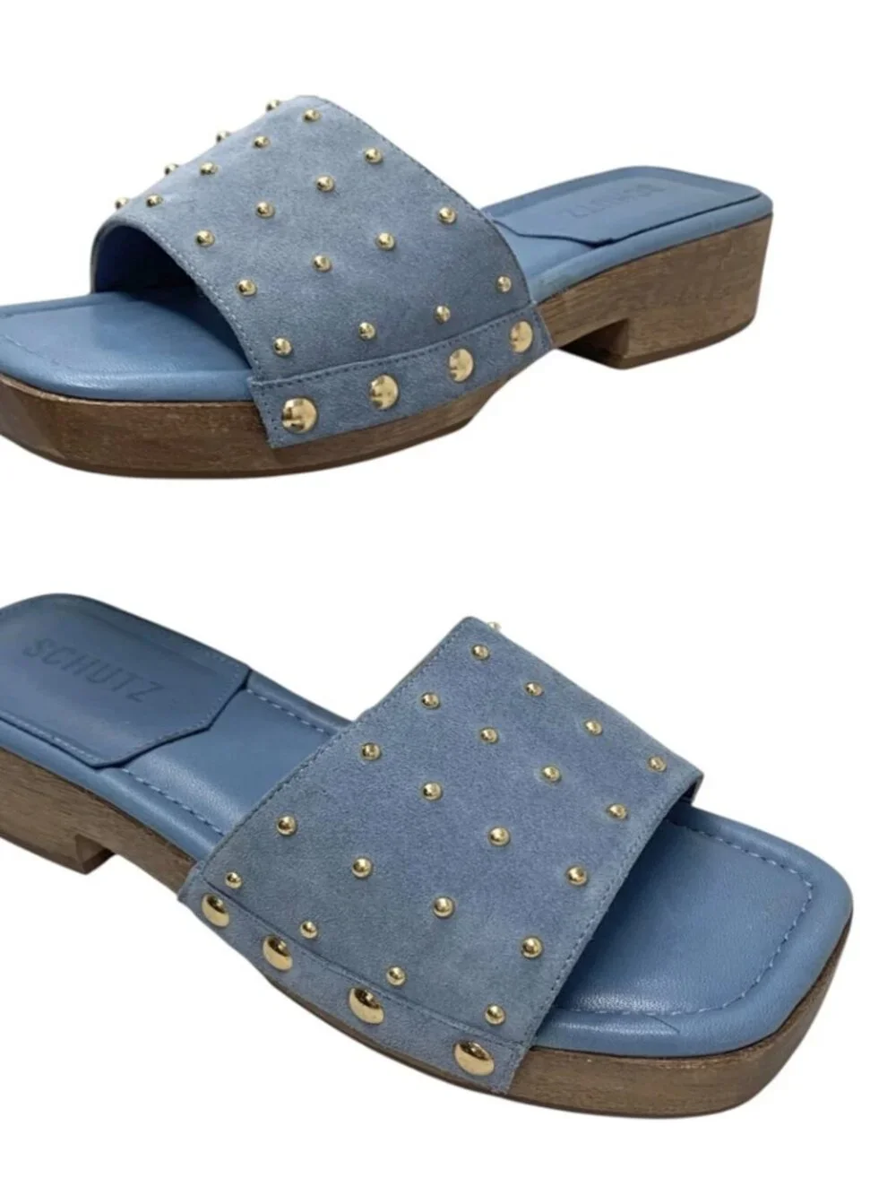 SCHUTZ Summer Jean Blue Suede Studded Wooden‎ Clog Slides